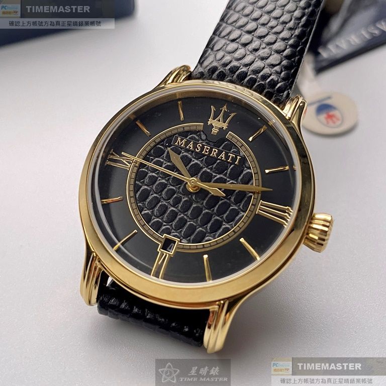 MASERATI手錶,編號R8851118501,34mm金色圓形精鋼錶殼,黑色簡約, 羅馬數字錶面,深黑色真皮皮革錶帶款