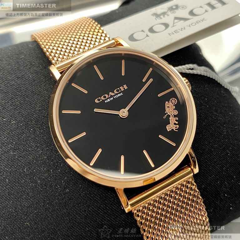COACH手錶,編號CH00026,32mm玫瑰金圓形精鋼錶殼,黑色簡約錶面,玫瑰金色米蘭錶帶款,原廠限量款，不怕被仿冒!
