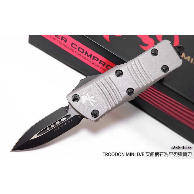 Microtech TROODON MINI D/E 灰鋁柄石洗平刃彈簧刀 - #MT 238-1 TG