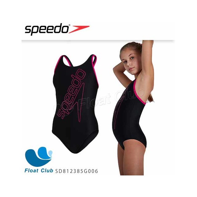 【SPEEDO】女孩 運動連身泳裝 Boom Logo 黑電氣粉紅 SD812385G006 原價1680元