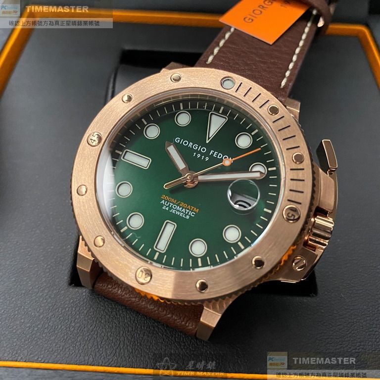 GiorgioFedon1919手錶,編號GF00017,46mm玫瑰金圓形精鋼錶殼,墨綠色水鬼錶面,咖啡色真皮皮革錶帶款