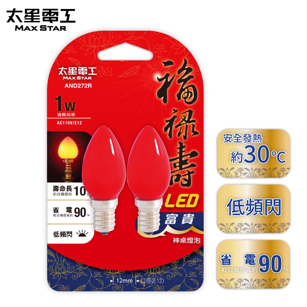 【太星電工】福祿壽LED富貴神桌燈泡 E12/ 1W /2入(紅光)AND272R