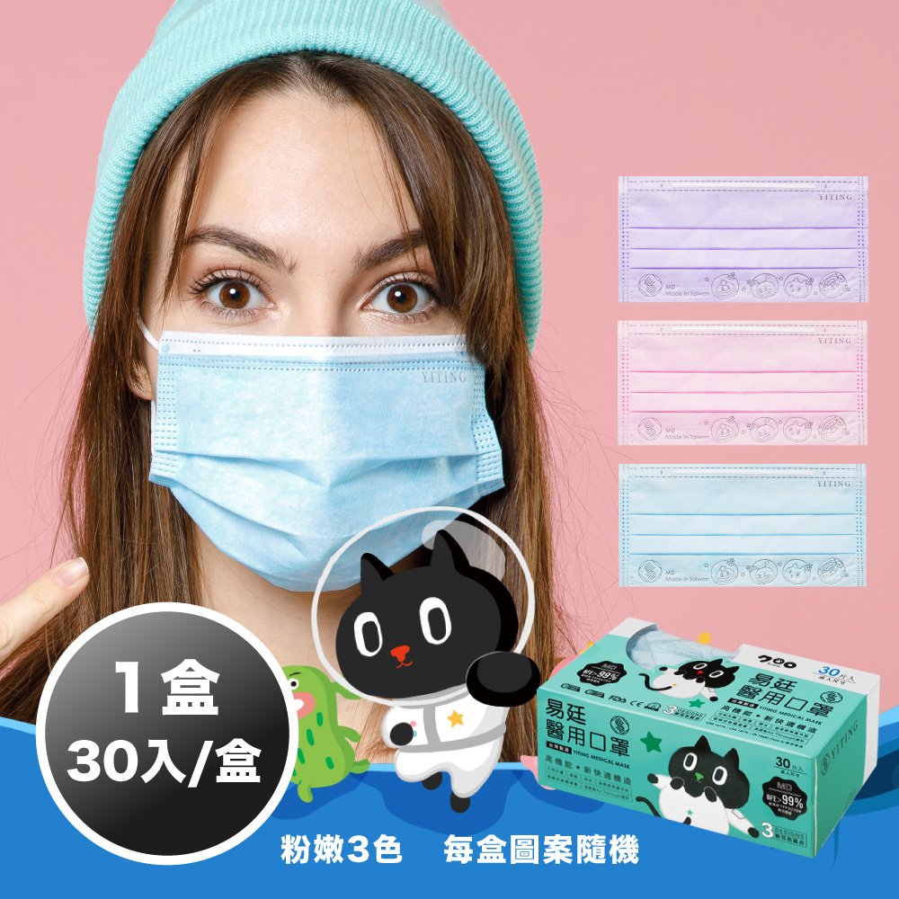 【易廷】Kuroro聯名款 醫療級 防護口罩 醫 用口罩 成人口罩 平面口罩 30入/盒 素色(藍色 粉色 紫色)【卜公家族】