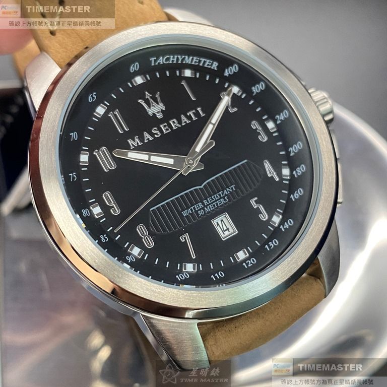 MASERATI手錶,編號R8851121004,44mm銀圓形精鋼錶殼,黑色簡約, 運動錶面,咖啡色真皮皮革錶帶款