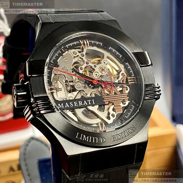 MASERATI手錶,編號R8821108021,42mm黑六角形精鋼錶殼,銀黑色鏤空錶面,深黑色真皮皮革錶帶款