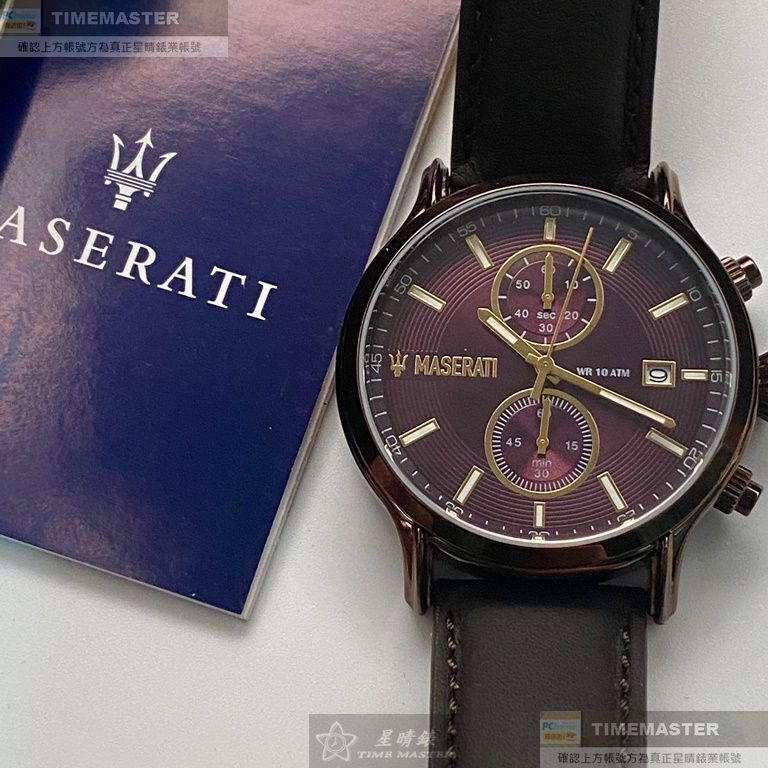 MASERATI手錶,編號R8871618006,42mm古銅色圓形精鋼錶殼,桃紅紫雙眼錶面,咖啡色真皮皮革錶帶款,別樹一格!