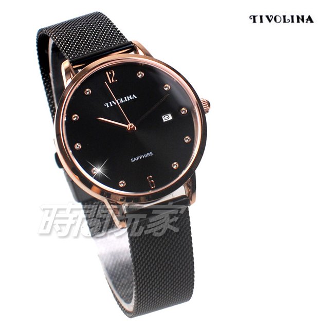 TIVOLINA MAG7006-K 日期 氣質鑲鑽 女錶 防水錶 藍寶石水晶鏡面 IP黑電鍍x玫瑰金 米蘭帶