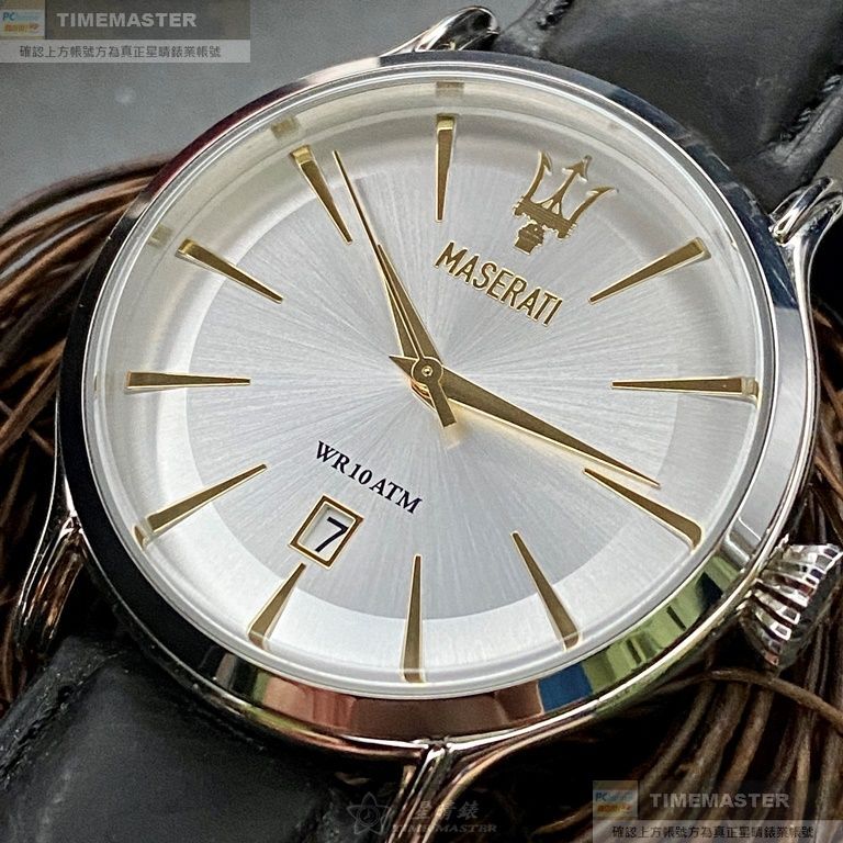 MASERATI手錶,編號R8851118002,42mm銀圓形精鋼錶殼,白色簡約錶面,深黑色真皮皮革錶帶款