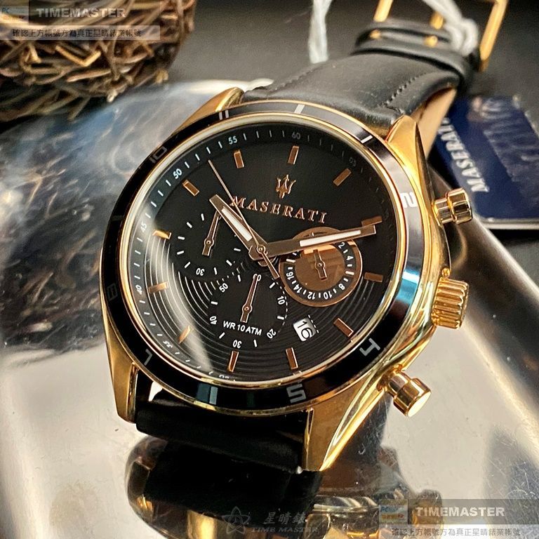 MASERATI手錶,編號R8871624001,44mm玫瑰金圓形精鋼錶殼,黑色三眼錶面,深黑色真皮皮革錶帶款