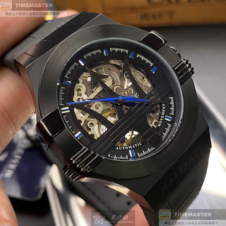 MASERATI手錶,編號R8821108009,42mm黑六角形精鋼錶殼,黑色鏤空錶面,深黑色真皮皮革錶帶款