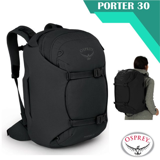 【美國 OSPREY】新款 Porter 30 運輸機系列 多功能自助旅行背包(可後背.手提)/求生哨+大容量空間+可收納式肩帶.登機包.行李袋_黑 R