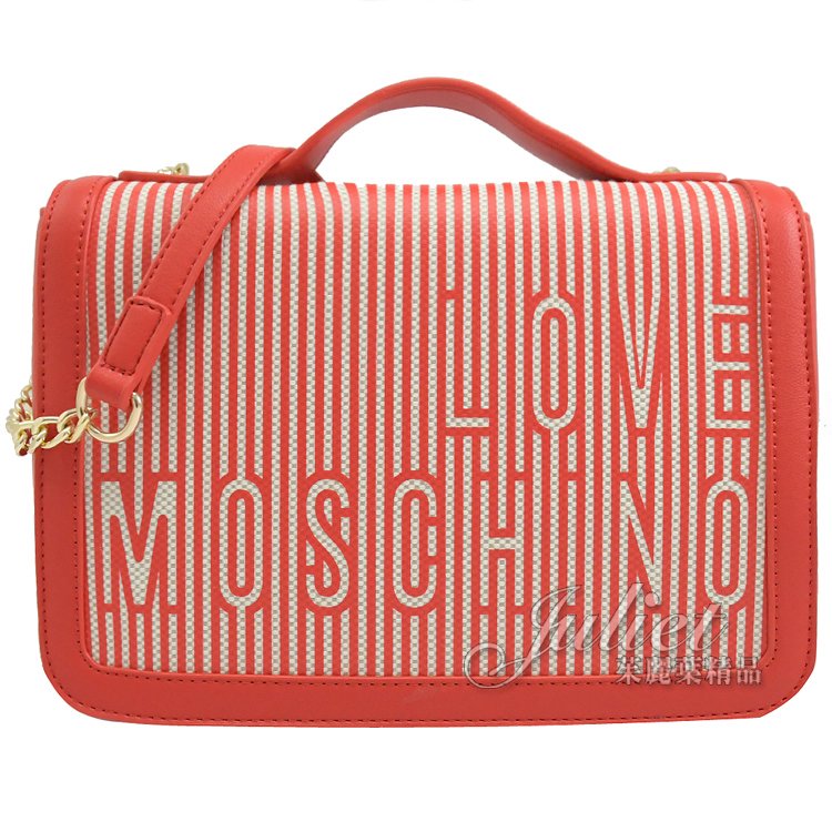【全新現貨 補9個】茱麗葉精品 MOSCHINO LOVE MOSCHINO線條LOGO帆布兩用翻蓋方包.紅白現金價$3,900