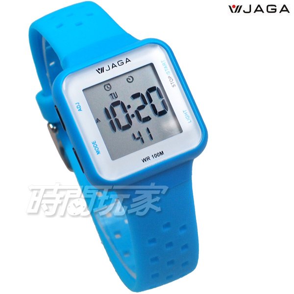 JAGA 捷卡 休閒多功能大液晶運動電子錶 游泳用 女錶 男錶 學生錶 M1215-EE(淺藍)