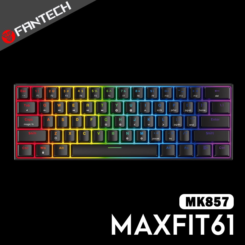 yardiX代理【FANTECH MAXFIT61 60%可換軸體RGB機械式鍵盤(MK857)-黑】機械軸體/RGB燈效/全鍵無衝突/青軸/紅軸/可拆卸式 USB Type-C