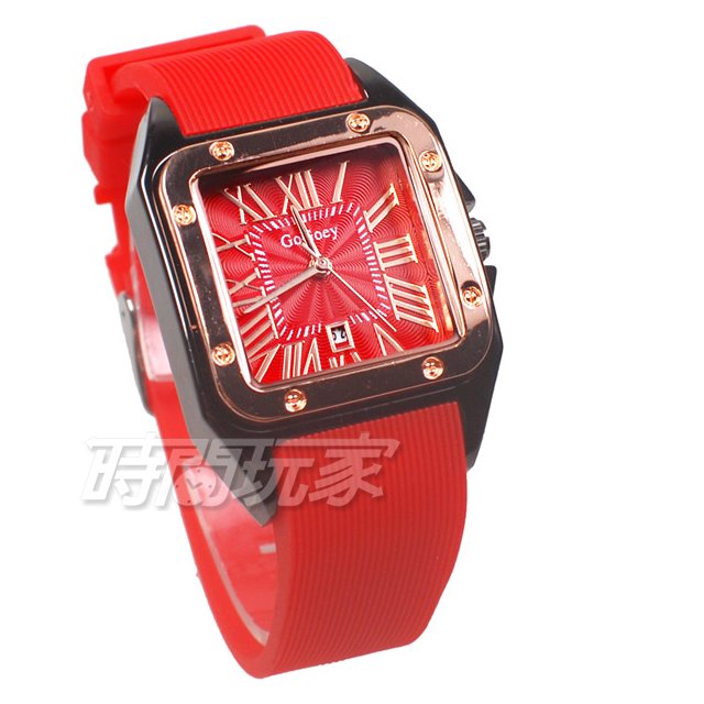 GoGoey 羅馬時尚 細膩紋路面盤 日期顯示窗 時刻女錶 中性錶 學生錶 防水手錶 橡膠錶帶 紅 GC123-5