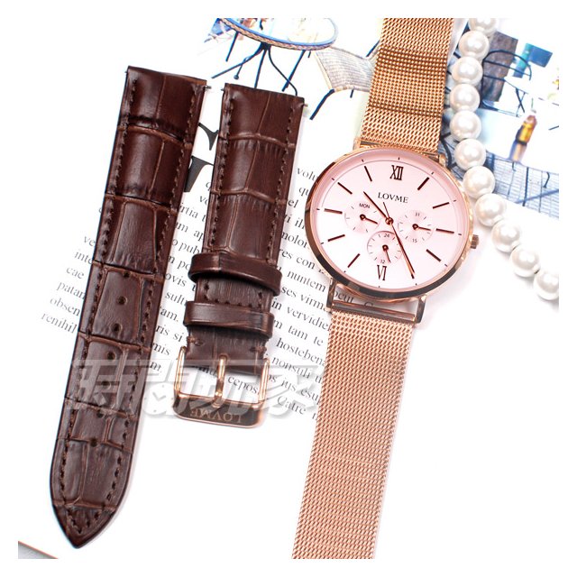 LOVME 原廠公司貨 米蘭帶款 三眼時尚套裝組 男 女 中性錶 包裝 贈真皮錶帶 玫瑰金x咖 VM1089M-44-841-C