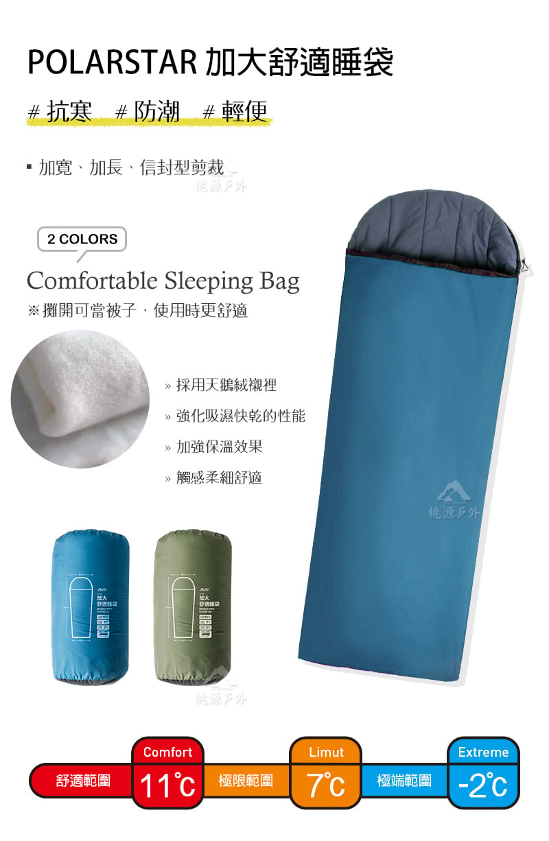 POLARSTAR 舒適睡袋#抗寒 #防潮 #輕便・、加長、信封型剪裁源戶外2 OLORSComfortable Sleeping Bag攤開可當被子使用時更舒適加大採用天鵝絨強化吸濕快乾的性能加強保溫效果觸感柔細舒適源戶外桃源戶外ComfortLimutExtreme舒適範圍 11 極限範圍C極端範圍 -2