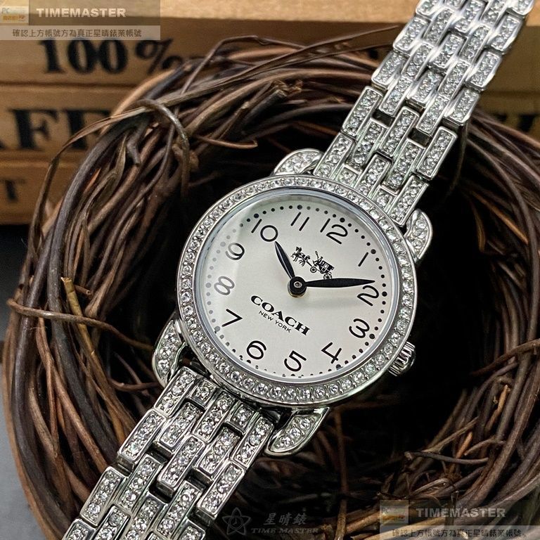 COACH手錶,編號CH00049,24mm銀圓形精鋼錶殼,白色簡約, 鑽圈錶面,銀色精鋼錶帶款,鑽圈滿天星錶