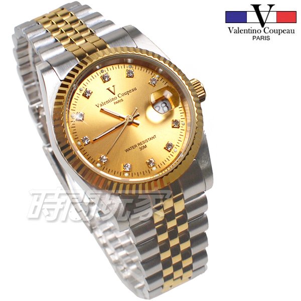 valentino coupeau 范倫鐵諾 時刻鑲鑽 不鏽鋼 防水手錶 男錶 半金色 鑲鑽 經典 放大日期 V12169半金大