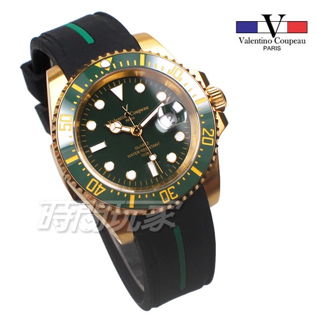 valentino coupeau范倫鐵諾 夜光時刻 橡膠錶帶 防水手錶 男錶 潛水錶 水鬼 石英錶 V61589金綠膠