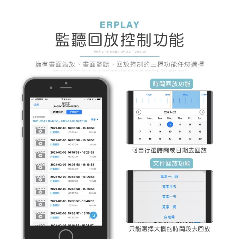 ERPLAY監聽控制功能Monir playback  function擁有畫面縮放、畫面監聽、回放控制的三種功能任您選擇  three    to choose      and playback control 下午4%返回辦公室AABB32549FEBBD)回放功能15:00     1:00時間回放文件回放202102蒐索時間Sun.Mon.Tue.Wed.Thu.Fri.Sat. 2021-02-03 10:47:50-2021-02-03 :47:501234562021-02-03 16:36:58 - 16:46:59 70 789101112131415161718202021-02-03 16:26:58 16:36:5819 2021-02-03 16:16:58 16:26:5815 可自行選時間或日期去回放2021-02-03 16:06:58 - 16:16:58計畫 14 MB2021-02-03 15:56:58 16:06:58計畫12 MB2021-02-03 15:46:58 15:56:58計畫錄影00:10:00 MB2021-02-03 15:36:57 15:46:58計畫錄影46 MB2021-02-03 15:26:57 - 15:36:計畫錄影00:10:00文件回放功能蒐索一小時蒐索半天蒐索一天蒐索一周自定義只能選擇大概的時間段去回放