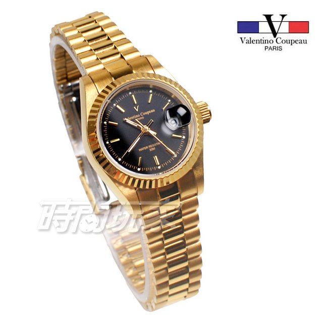 valentino coupeau 范倫鐵諾 標準時刻 不鏽鋼 防水手錶 女錶 金色 經典 放大日期 V12169K黑金小