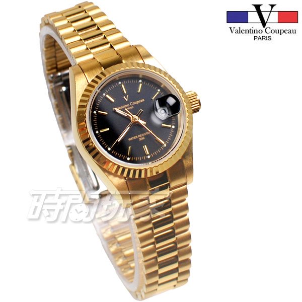 valentino coupeau 范倫鐵諾 標準時刻 不鏽鋼 防水手錶 女錶 金色 經典 放大日期 V12169K黑金小
