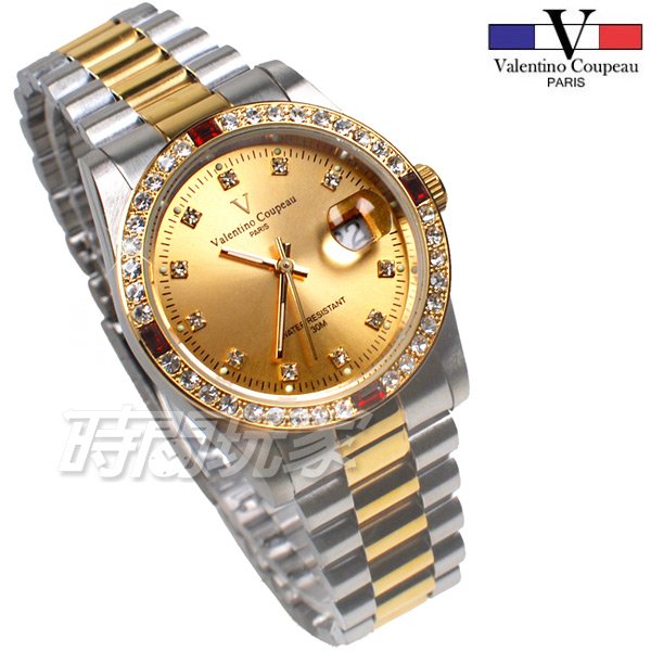 valentino coupeau 范倫鐵諾 時刻鑲鑽 不鏽鋼 防水手錶 男錶 半金色 鑲鑽 經典 放大日期 V12171T半金大