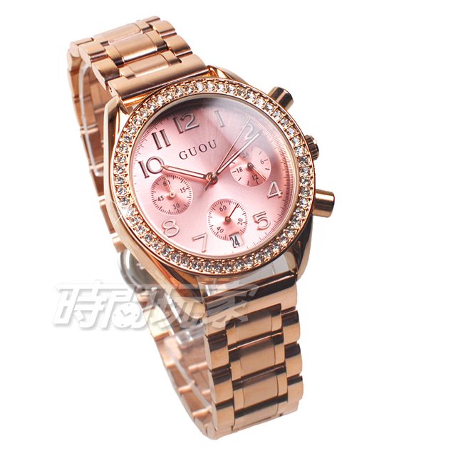香港古歐 GUOU 閃耀時尚腕錶 三眼計時 日期顯示窗 錶帶 女錶 粉紅x玫瑰金 GU8103T粉玫