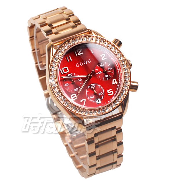 香港古歐 GUOU 閃耀時尚腕錶 三眼計時 日期顯示窗 錶帶 女錶 紅x玫瑰金 GU8103T紅玫