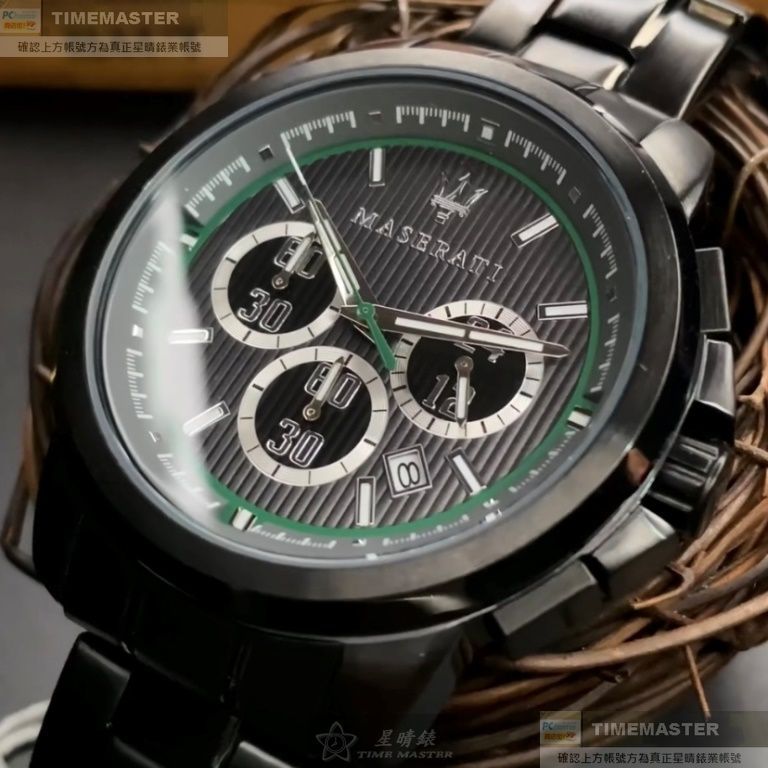 MASERATI手錶,編號R8873637004,44mm黑圓形精鋼錶殼,黑色, 墨綠色三眼, 運動錶面,深黑色精鋼錶帶款