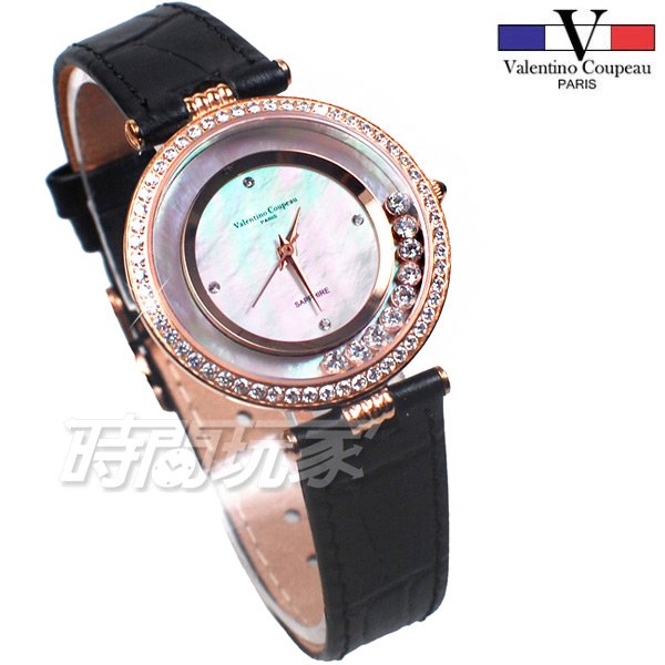 valentino coupeau 范倫鐵諾 薄型 滾鑽錶 穩鑽 法國巴黎風情 皮革錶帶 女錶 玫瑰金x黑色 V61253玫黑