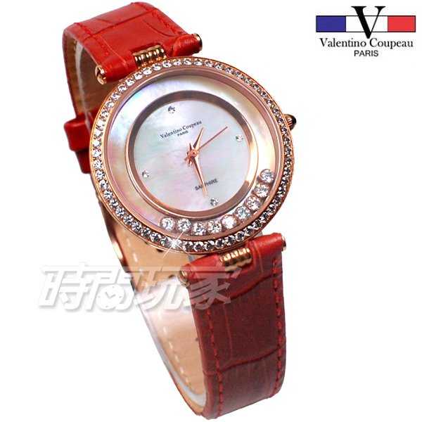 valentino coupeau 范倫鐵諾 薄型 滾鑽錶 穩鑽 法國巴黎風情 皮革錶帶 女錶 玫瑰金x紅色 V61253玫紅