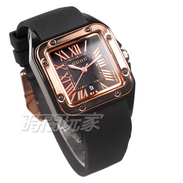 GUOU 羅馬時尚 細膩紋路面盤 日期顯示窗 時刻女錶 中性錶 學生錶 防水手錶 橡膠錶帶 GU8154玫黑小