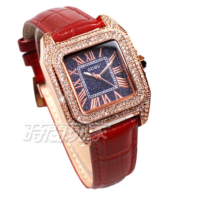 GUOU 羅馬時尚 閃耀星光夜 鑲鑽 滿鑽 時刻 女錶 防水手錶 真皮錶帶 GU8215玫紅