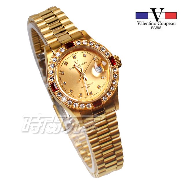 valentino coupeau 范倫鐵諾 時刻鑲鑽 不鏽鋼 防水手錶 女錶 金色 鑲鑽 經典 放大日期 V12171K金紅小
