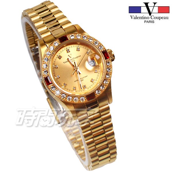 valentino coupeau 范倫鐵諾 時刻鑲鑽 不鏽鋼 防水手錶 女錶 金色 鑲鑽 經典 放大日期 V12171K金紅小
