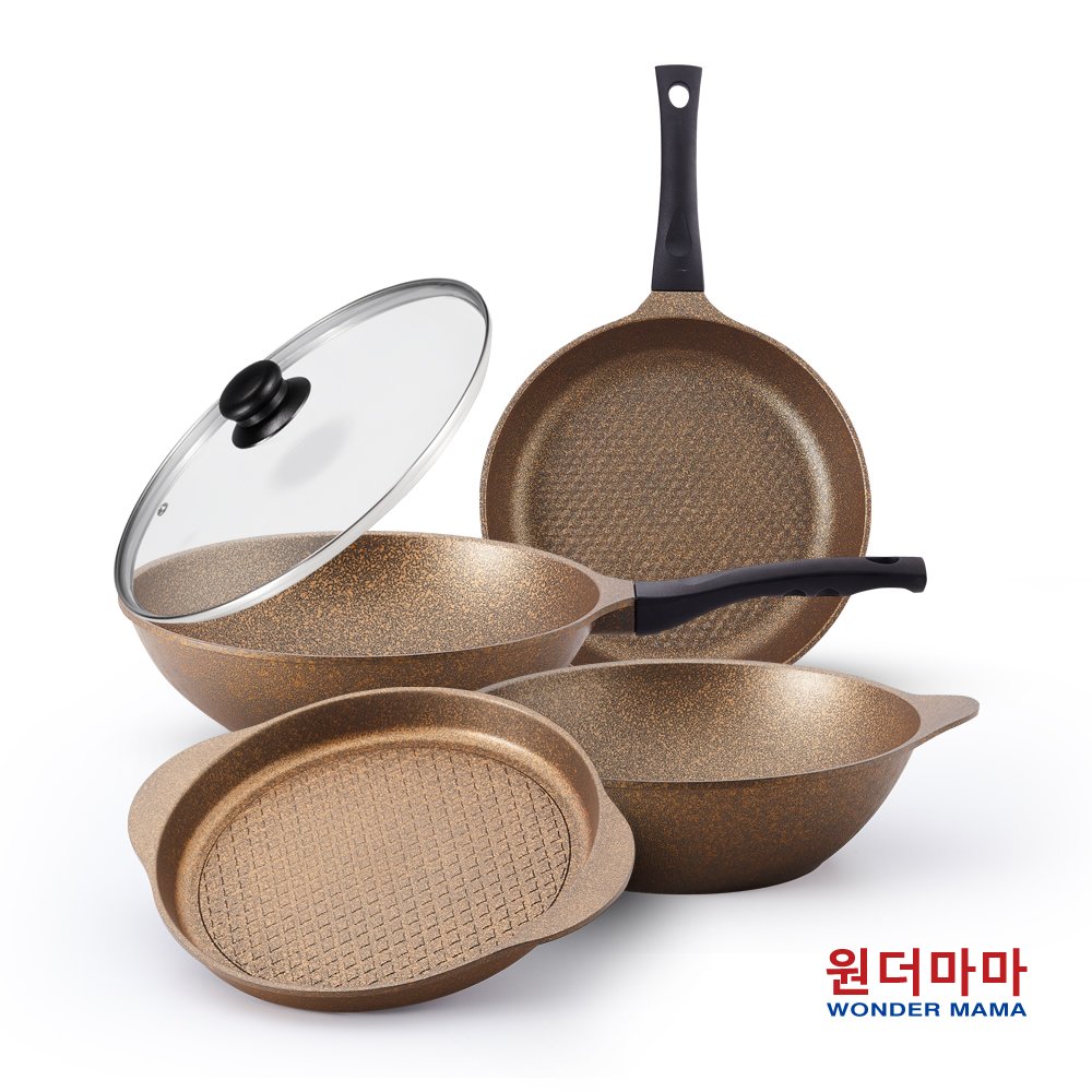 韓國WONDER MAMA 黃金麥飯石3鍋1盤1蓋5件組