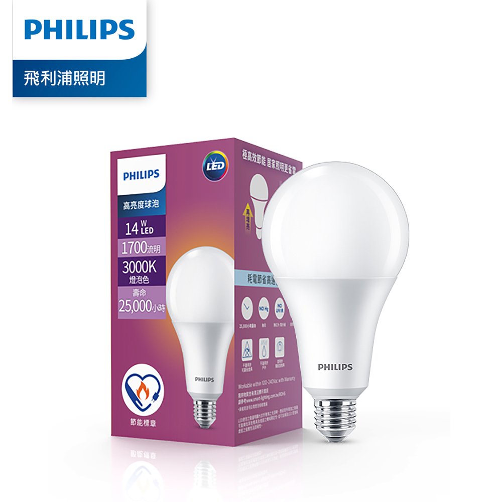 Philips 飛利浦 14W LED高亮度燈泡-燈泡色3000K (PS001)