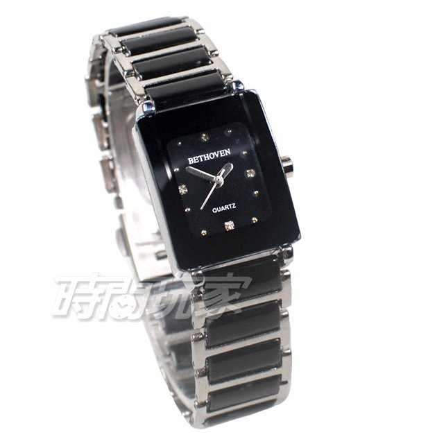 BETHOVEN 日本機芯 都會時尚 數字時刻 方形 陶瓷錶 女錶 黑色 BE2005-黑小