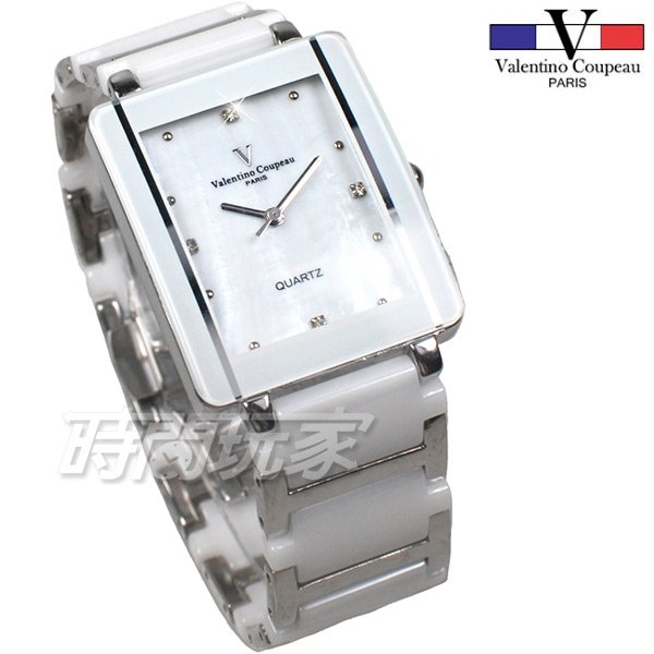 valentino coupeau范倫鐵諾 珍珠螺貝面盤 鑲鑽 方形男錶 防水手錶 不銹鋼 陶瓷錶 V61222白大