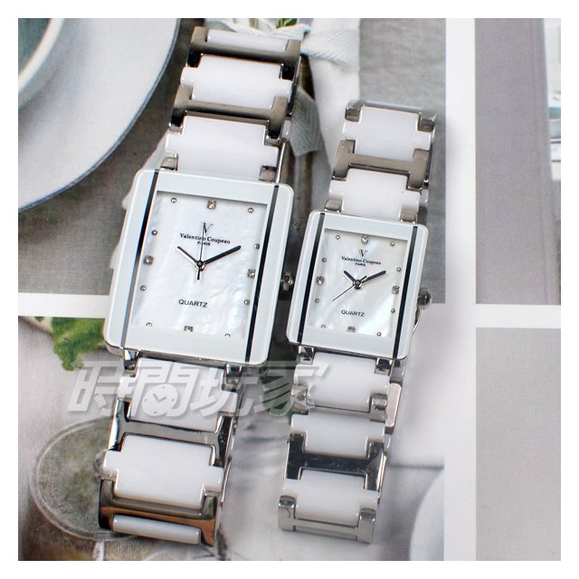 valentino coupeau范倫鐵諾 珍珠螺貝面盤 鑲鑽 方形對錶 防水手錶 不銹鋼 陶瓷錶 V61222白大+V61222白小