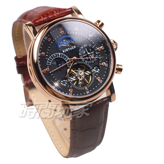 KINYUED 羅馬時刻男錶 真三眼 陀飛輪造型自動機械錶 皮革錶帶 日月相顯示 玫瑰金x咖 K0231咖黑
