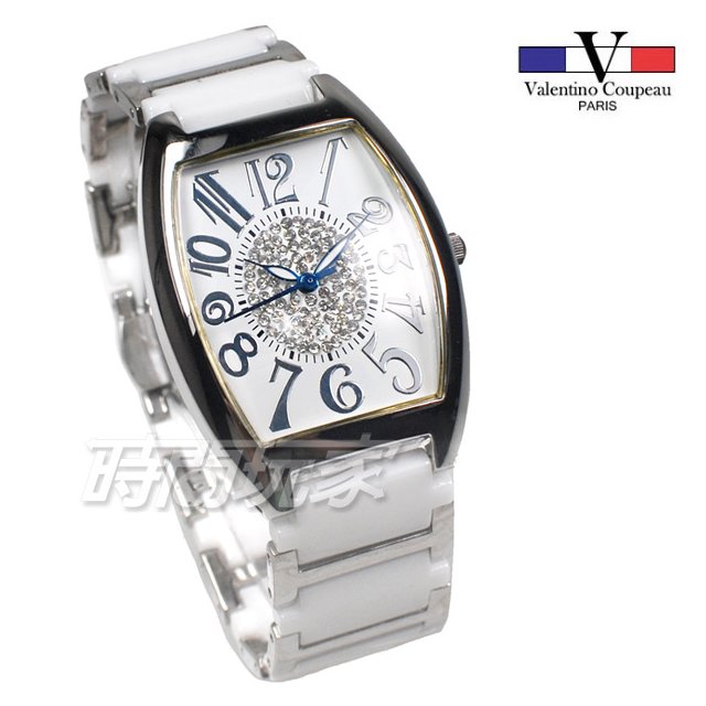 valentino coupeau 范倫鐵諾 酒樽型 數字時刻 鑲鑽 不銹鋼陶瓷錶 防水手錶 V60209白大