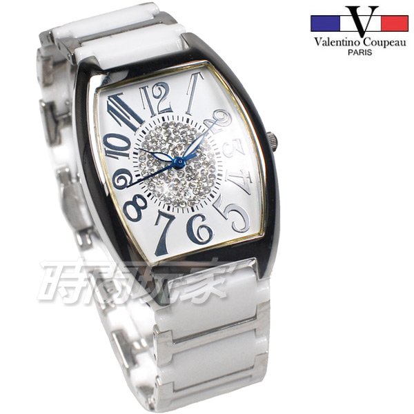valentino coupeau 范倫鐵諾 酒樽型 數字時刻 鑲鑽 不銹鋼陶瓷錶 防水手錶 V60209白大