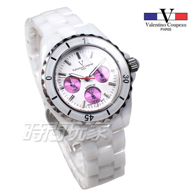 valentino coupeau 范倫鐵諾 低調奢華 三眼多功能 陶瓷錶 防水手錶 男錶 女錶 中性錶 V61263紫白