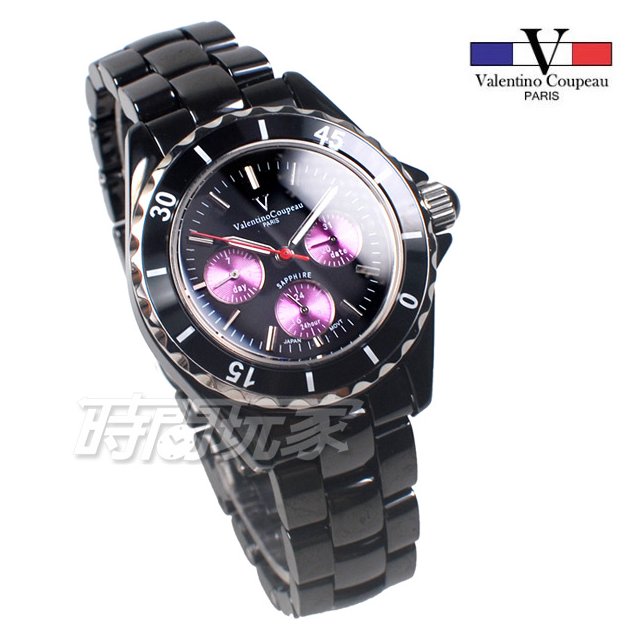 valentino coupeau 范倫鐵諾 低調奢華 三眼多功能 陶瓷錶 防水手錶 男錶 女錶 中性錶 V61263黑紫