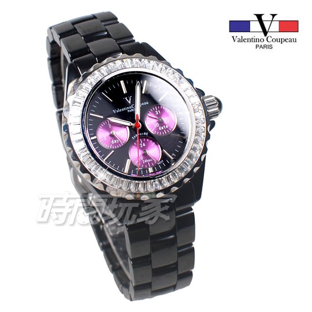valentino coupeau 范倫鐵諾 低調奢華 鑽錶 三眼多功能 陶瓷錶 防水 男錶 女錶 中性錶 V61266鑽紫黑