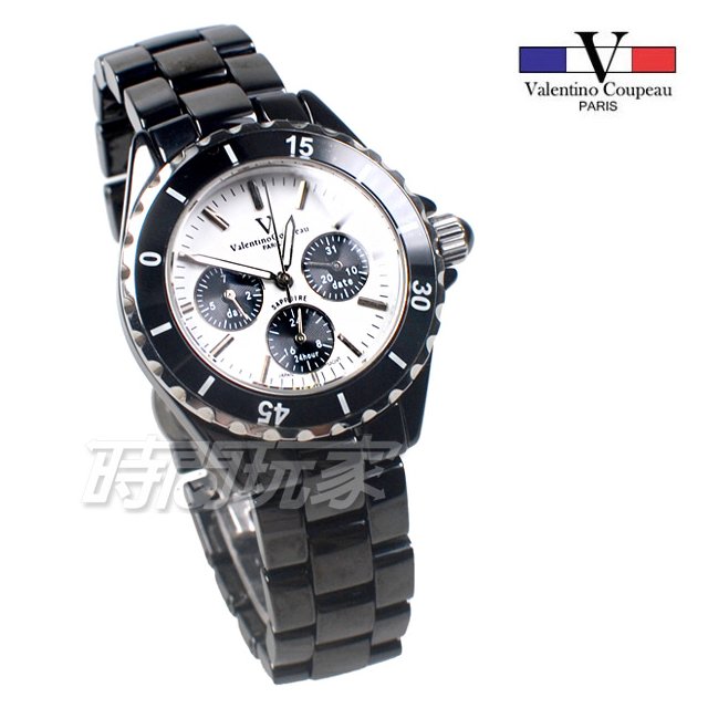 valentino coupeau 范倫鐵諾 低調奢華 三眼多功能 陶瓷錶 防水手錶 男錶 女錶 中性錶 V61263黑白