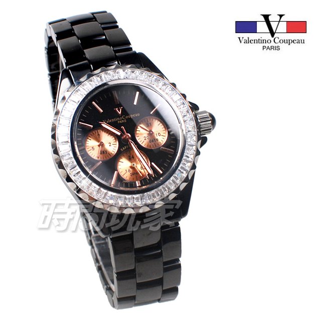 valentino coupeau 范倫鐵諾 低調奢華 鑽錶 三眼多功能 陶瓷錶 防水 男錶 女錶 中性錶 V61266鑽金黑